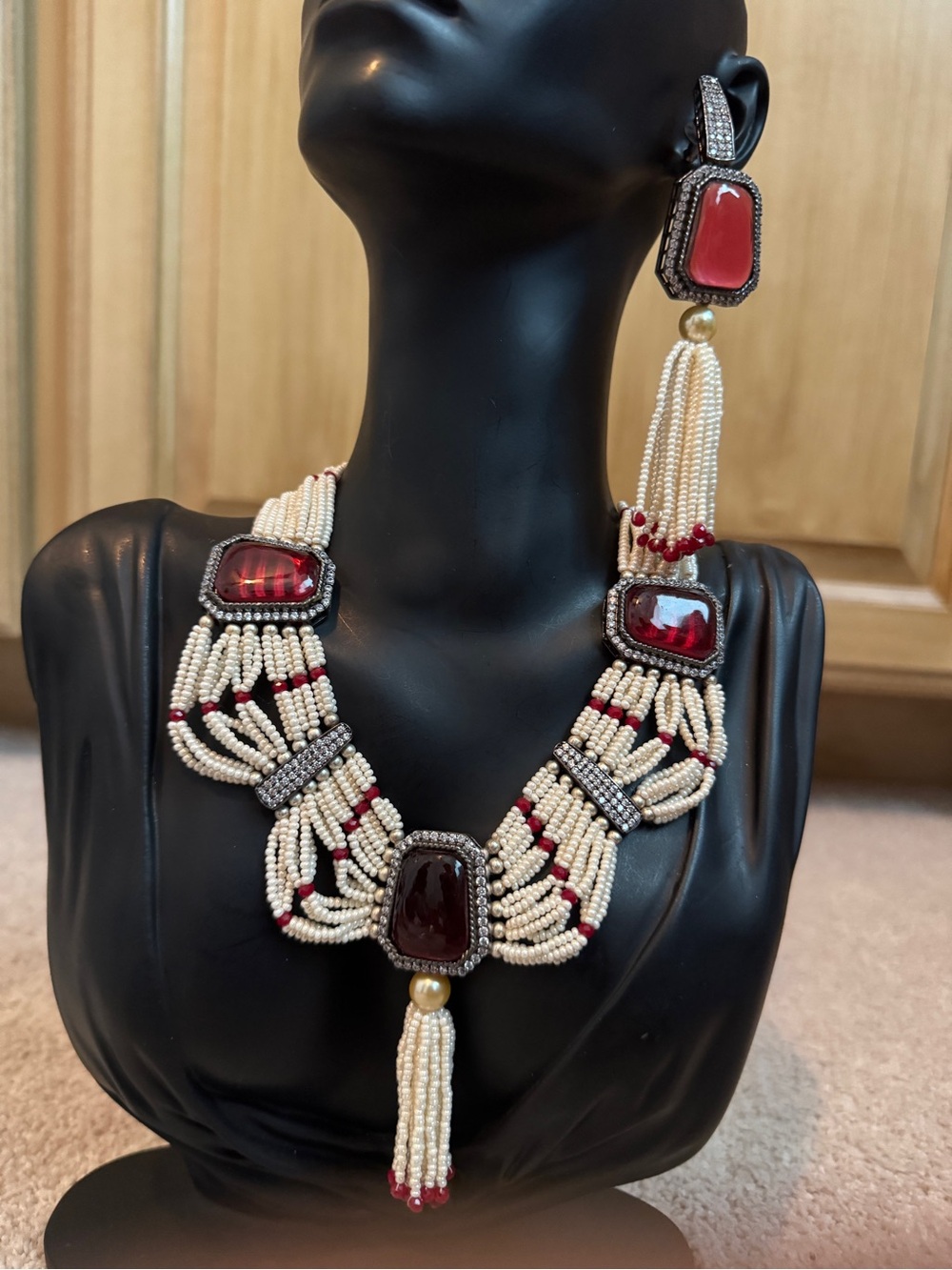 Cream Beaded Necklace with Deep Red Gem Accents by